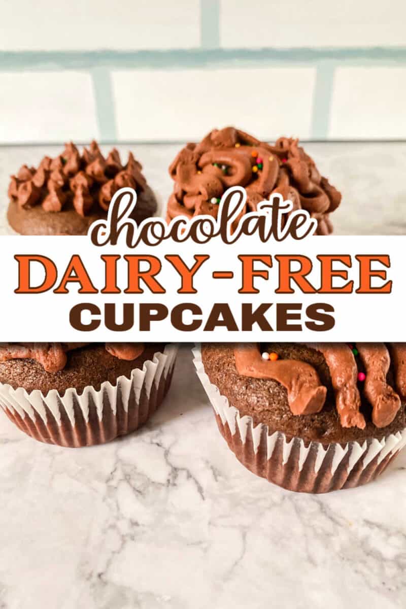 Picture of four frosted chocolate cupcakes on a marble counter. The text overlay says chocolate dairy-free cupcakes.