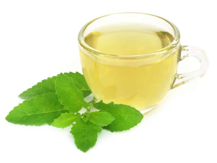 Glass cup with tulsi tea and tulsi leaves on a white background.