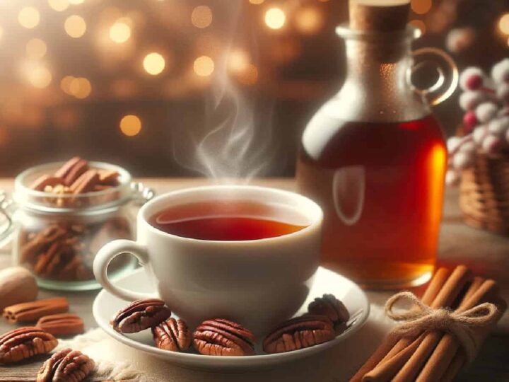 Photo of a steaming cup of tea on a wooden table, surrounded by fresh pecans, cinnamon sticks, and a glass bottle of maple syrup. The background is softly blurred with warm ambient lighting.