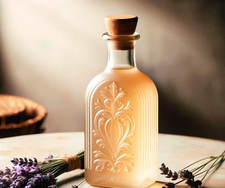 A decorative glass jar containing lavender simple syrup and surrounded by fresh lavender on a wooden table.