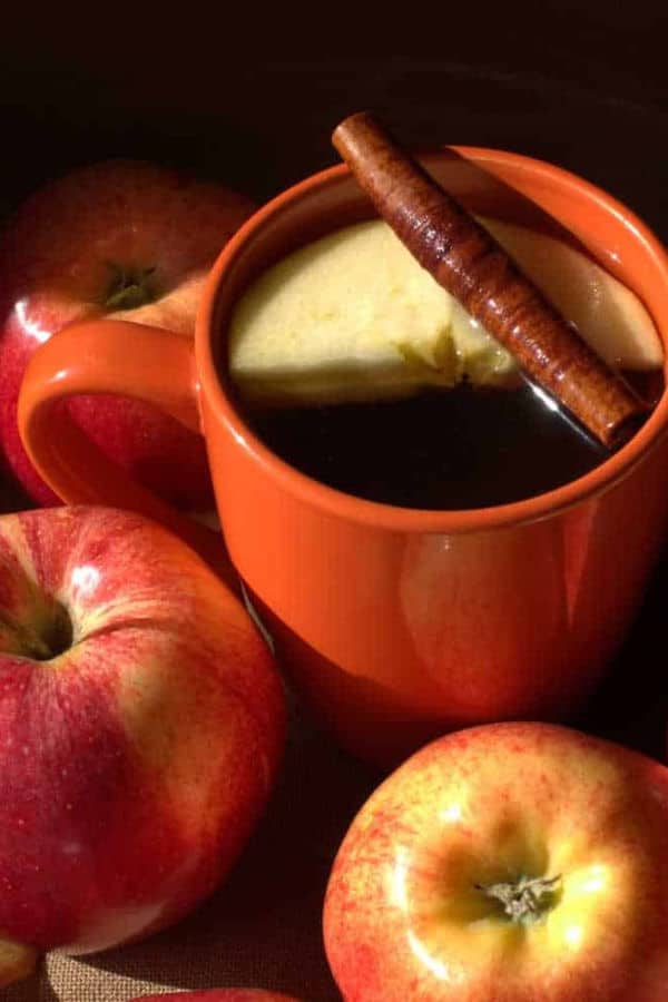 A red cup containing apple cinnamon tea with an apple slice and a cinnamon stick surrounded by apples.