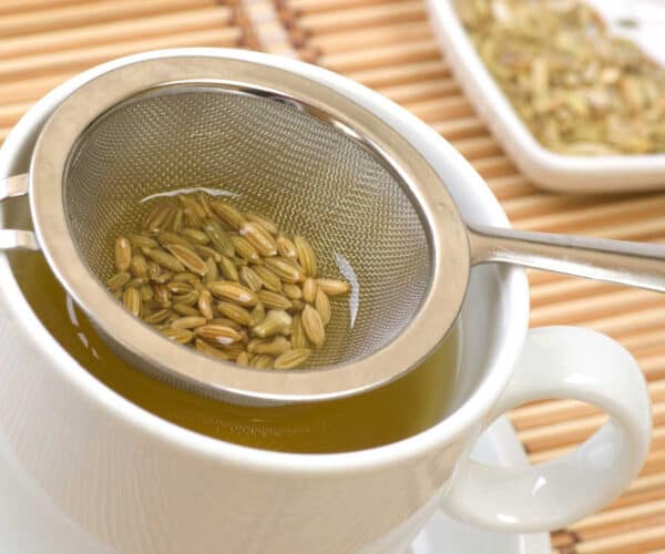 Fennel tee and seeds in a sieve