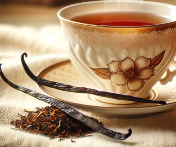 Vanilla rooibos tea in a white and brown teacup and saucer with two vanilla beans and rooibos tea leaves on a white cloth napkin.