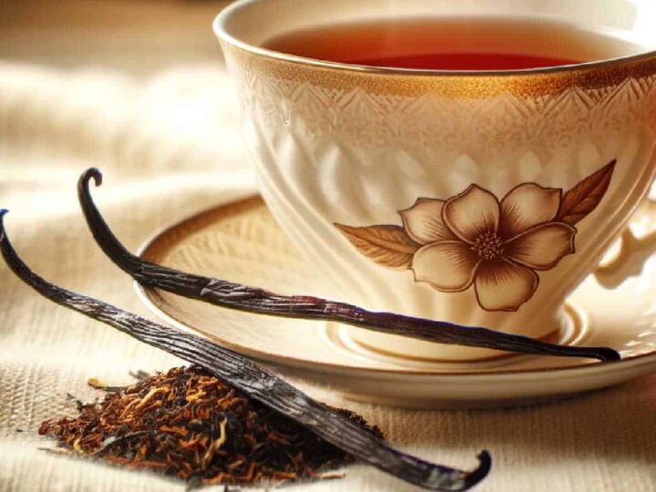 Vanilla rooibos tea in a white and brown teacup and saucer with two vanilla beans and rooibos tea leaves on a white cloth napkin.