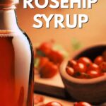 A glass jar containing rosehip syrup surrounded by rosehips. The text reads versatile rosehip syrup.