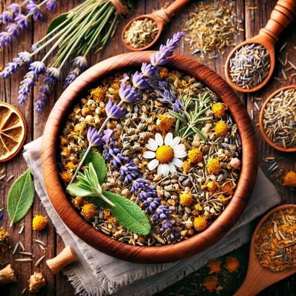 A wooden bowl full of dried flowers with wooden spoons full of dried flowers and herbs on a wooden table used to make calming teas.
