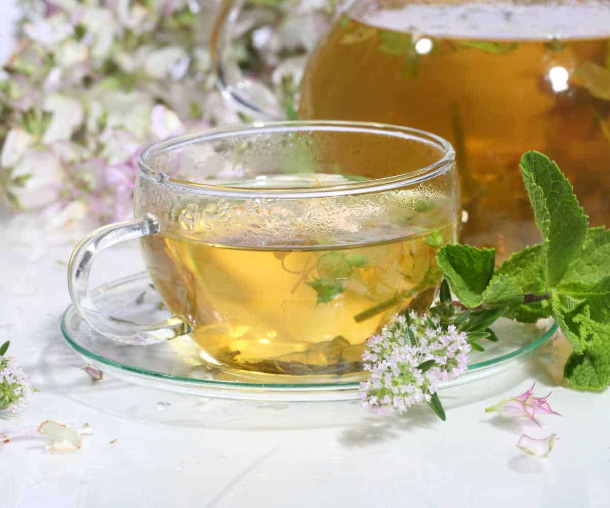 A glass tea cup and saucer with herbal tea and leaves and flowers.