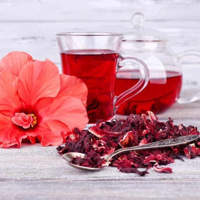 Hibiscus tea in a glass cup and teapot with an hibiscus flower and dried hibiscus flowers.