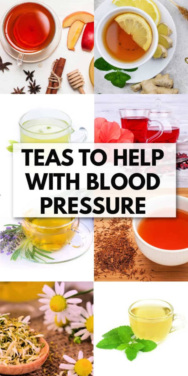Pictures of various teas to help with blood pressure. The text reads teas to help with blood pressure.