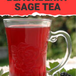 Blackberry sage tea in a glass cup with blackberries and leaves. The text reads hot or iced and caffeine-free blackberry sage tea.