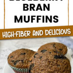 Three blueberry bran muffins on a white plate. The text reads Blueberry bran muffins high-fiber and delicious.