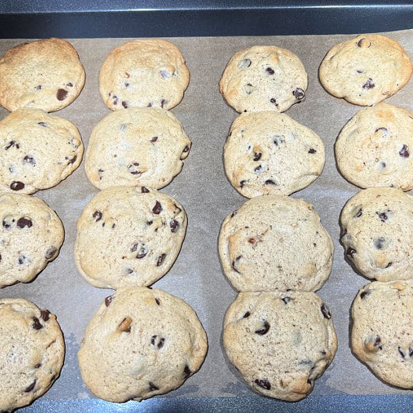 Chocolate chip cookies on a baking sheet.