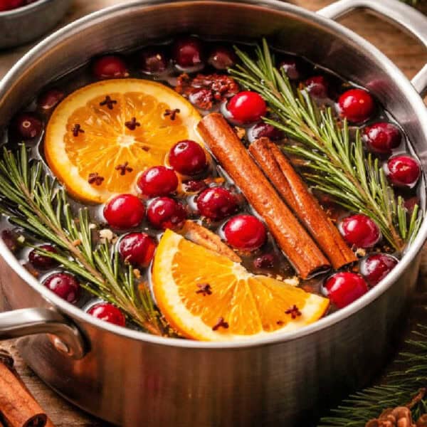 A pot with orange slices, cranberries, cinnamon sticks and pine sprigs.
