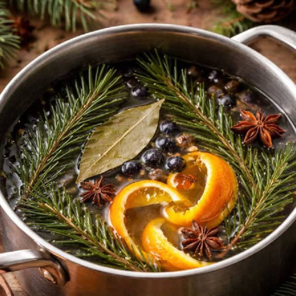 A pot with orange rind, juniper berries, a bay leaf, star anise, and juniper sprigs.