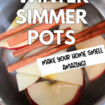 A pot with apple slices, cinnamon sticks and water. The text reads winter simmer pots. Make your home smell amazing!
