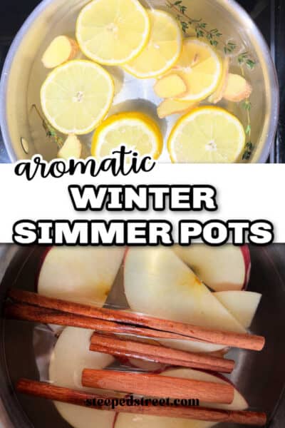 Top picture is a pot with lemon slices, ginger, thyme, and water. The bottom picture is a pot with apple slices and cinnamon sticks. The text reads aromatic winter simmer pots.