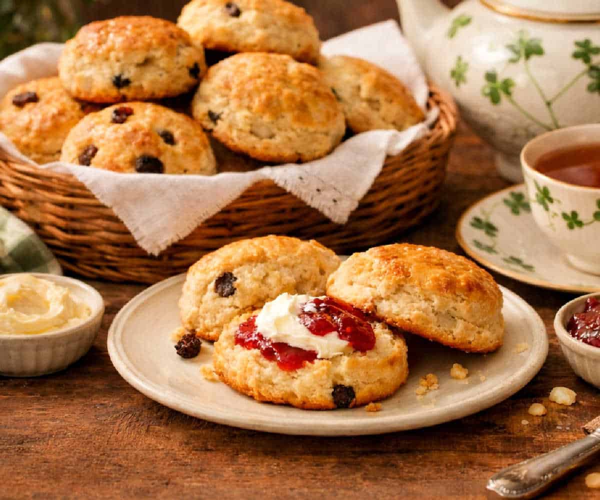 Irish scones on a plate with jam and cream and a basket of raisin scones.