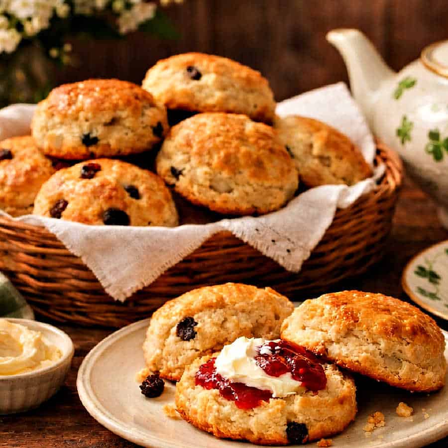 Irish scones on a plate with jam and cream and a basket of raisin scones.