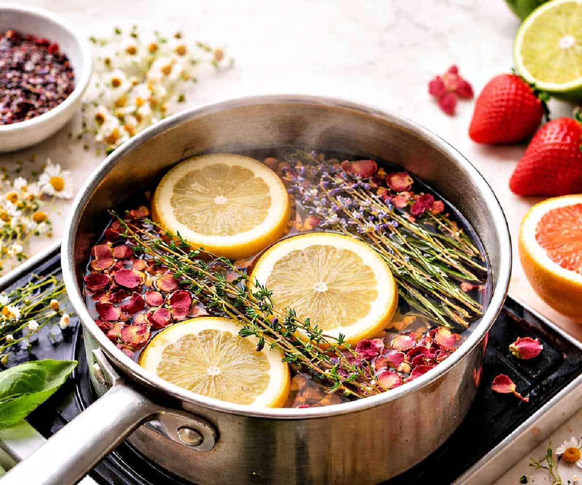 A spring simmer pot with lemon slices, thyme and lavender sprigs, rose petals, and chamomile flowers.