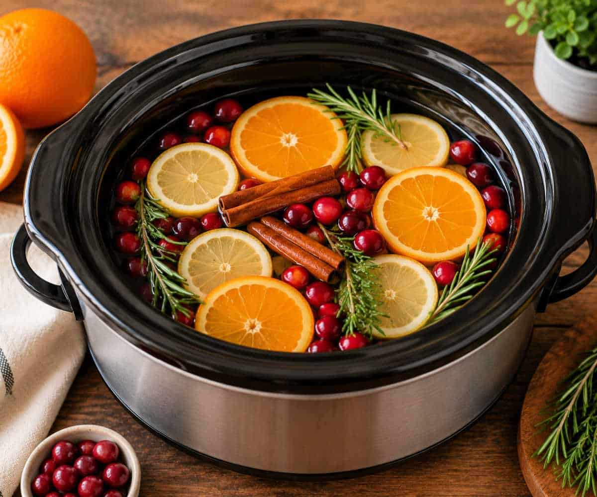 A crockpot on a wooden table with orange and lemon slices, cinnamon, rosemary, and cranberries.