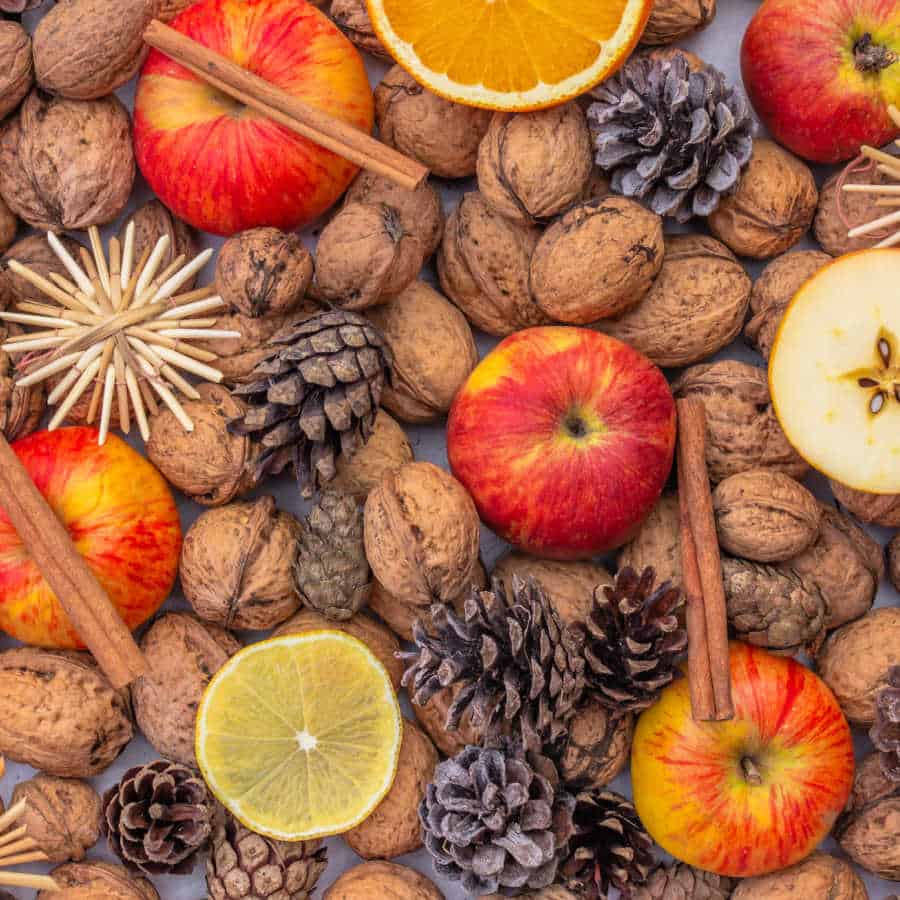 Apples, nuts, cinnamon, and citrus slices on a grey background.