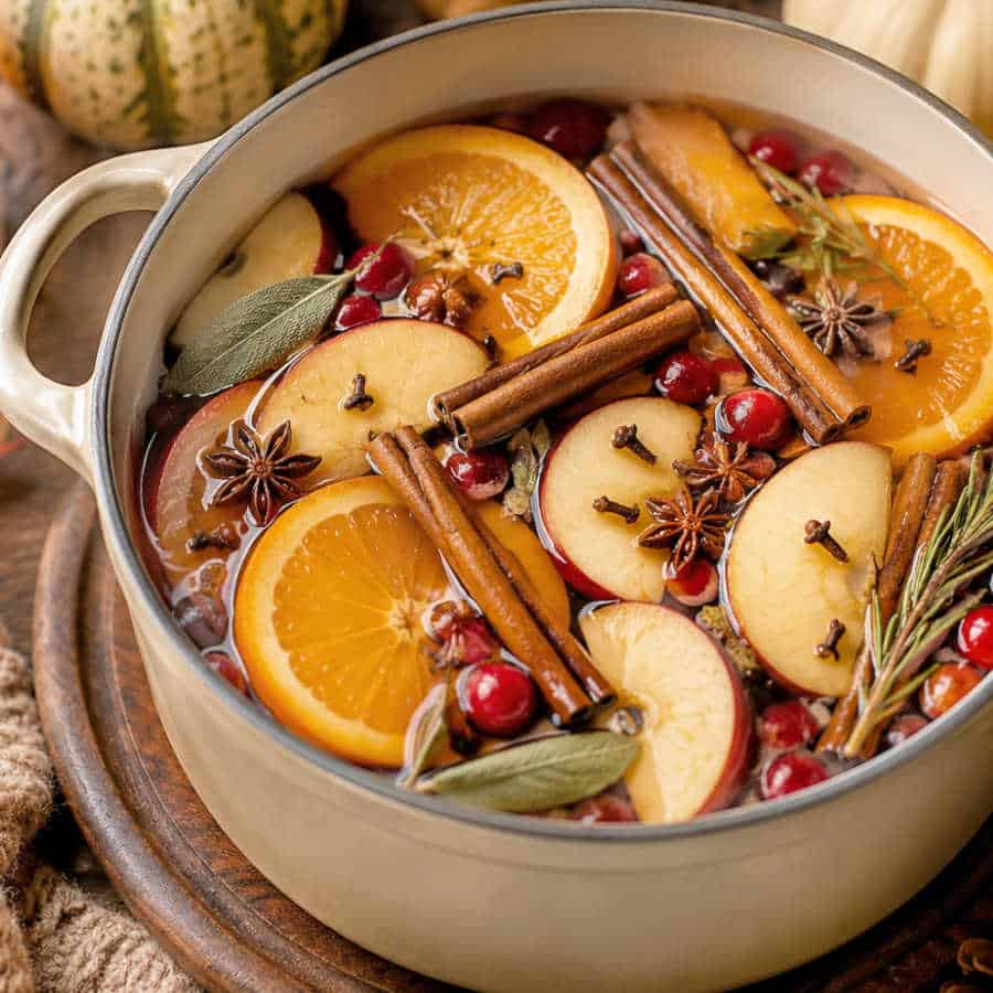 A white simmer pot with orange slices, apple slices, cinnamon, cranberries, and herbs.