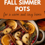 A white simmer pot with orange slices, apple slices, cinnamon, cranberries, and herbs. The text reads DIY fall simmer pots for a warm and cozy home.