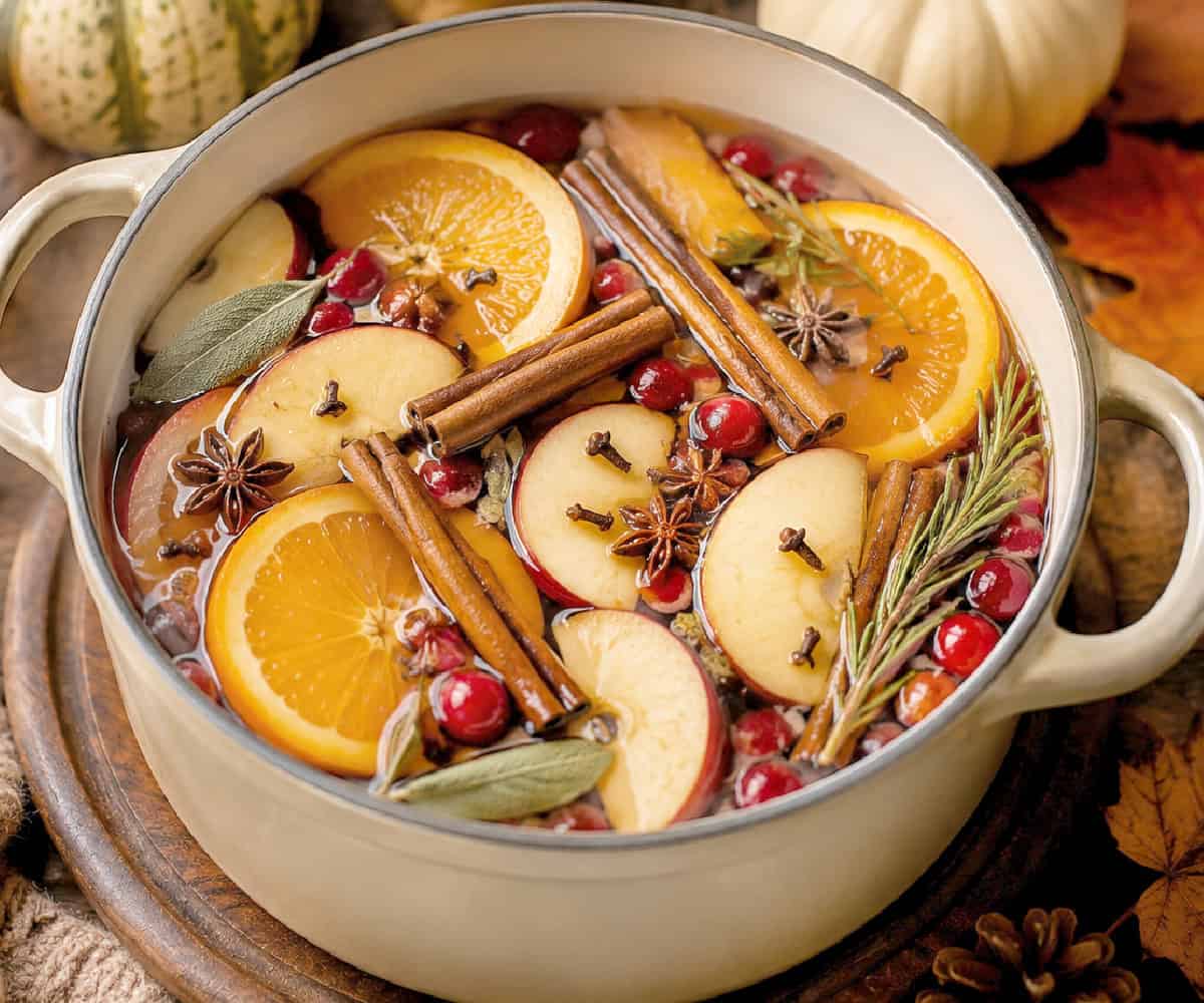 A white simmer pot with orange slices, apple slices, cinnamon, cranberries, and herbs.