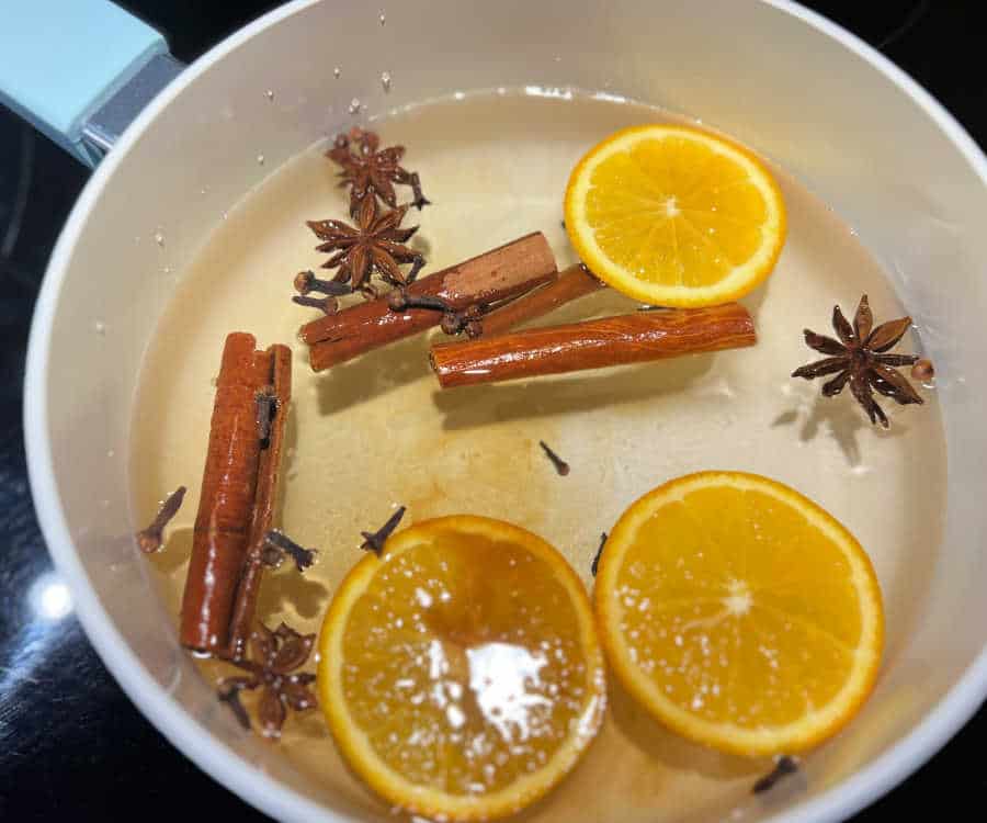 Cinnamon sticks, cloves, star anise and orange slices in a pot simmering on a stove.