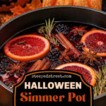 Halloween simmer pot in a cast iron pot surrounded with pumpkins. The text reads Halloween simmer pot. Blood orange, Blackberries, cinnamon, cloves, star anise, rosemary.