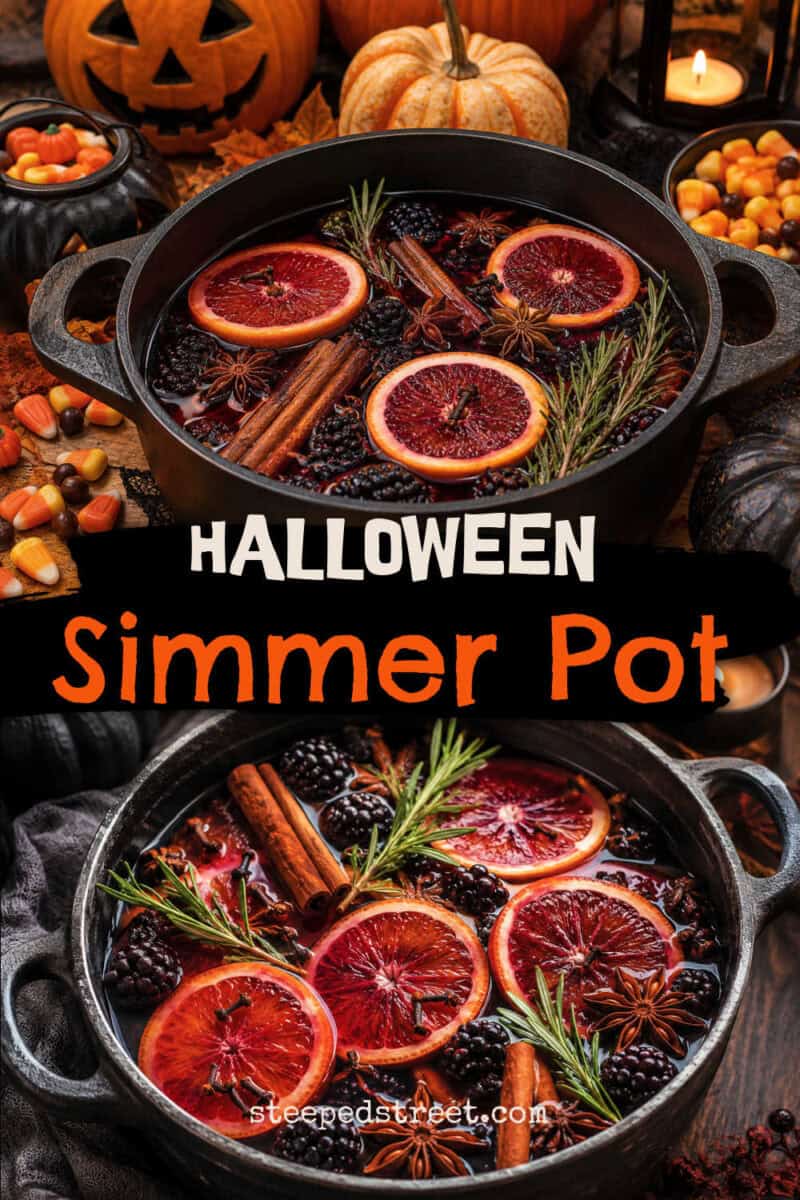 Halloween simmer pot in a cast iron pot surrounded with pumpkins. The text reads Halloween simmer pot.