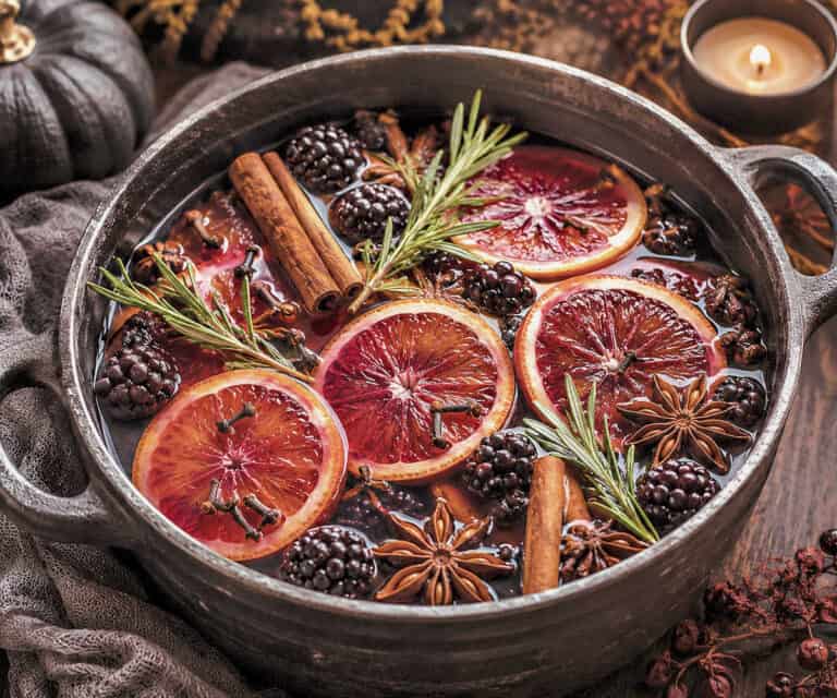 Halloween simmer pot in a cast iron pot surrounded with pumpkins and candles.