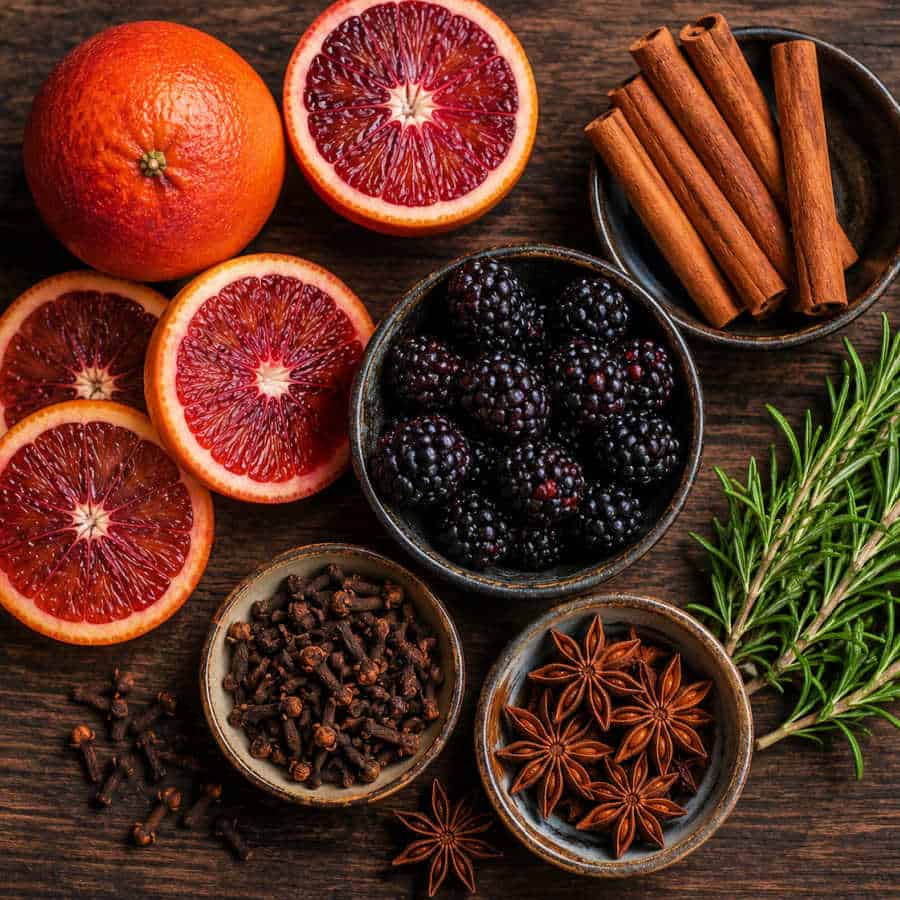 Halloween simmer pot ingredients. Blood orange, Blackberries, cinnamon, cloves, star anise, rosemary.
