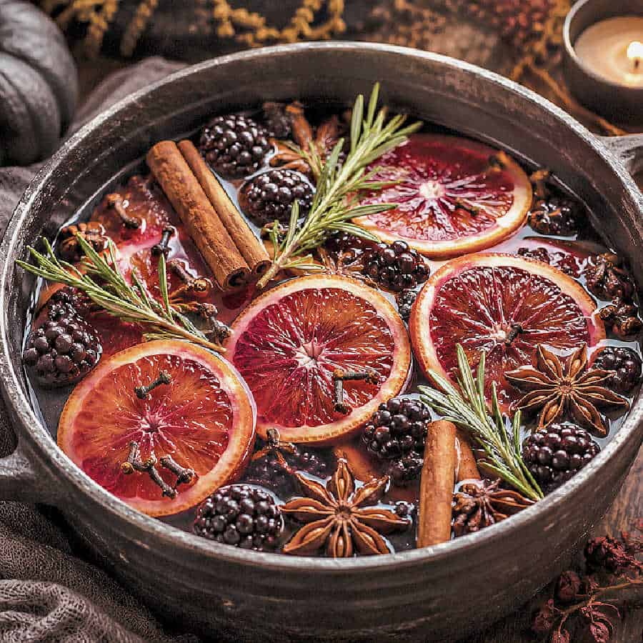 Halloween simmer pot in a cast iron pot surrounded with pumpkins and candles.