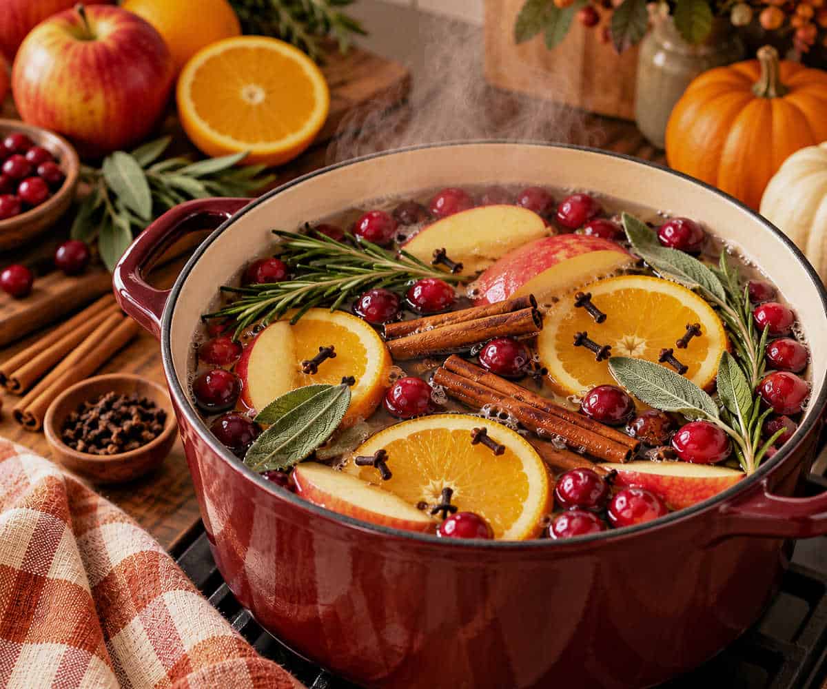A red pot filled with cinnamon, cranberries, orange slices, apple slices, and other herbs and spices for a Thanksgiving simmer pot.