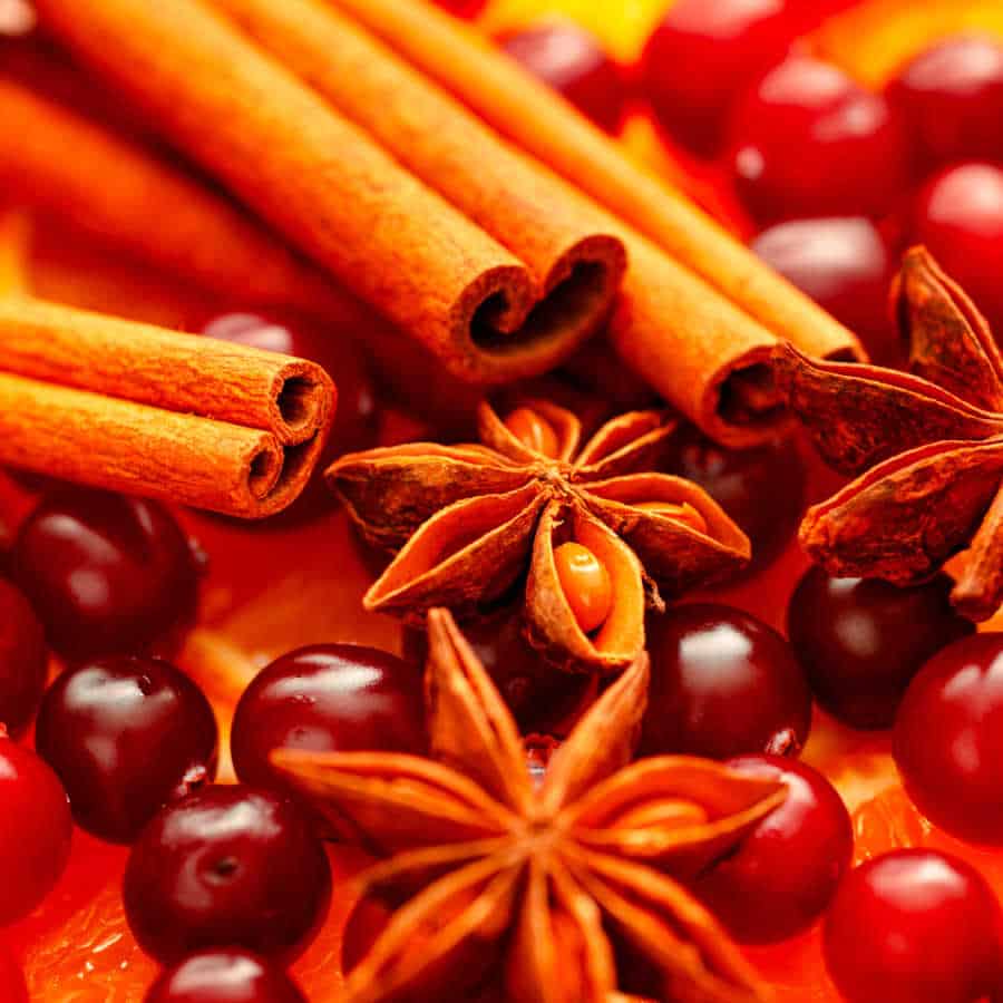 Cinnamon sticks, star anise, and cranberries.