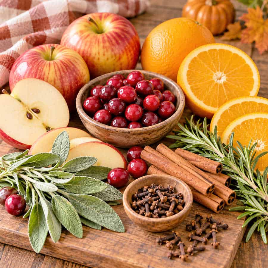 Apples, oranges, a bowl of cranberries, cinnamon sticks, cloves, and rosemary on a wooden cutting board.