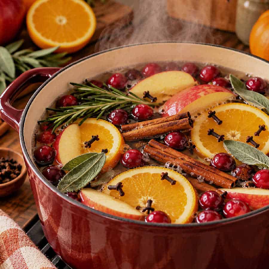A red pot filled with cinnamon, cranberries, orange slices, apple slices, and other herbs and spices for a Thanksgiving simmer pot.