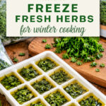 Chopped and whole herbs in bags and an ice cube tray on a wooden table. The text reads how to freeze fresh herbs for winter cooking.