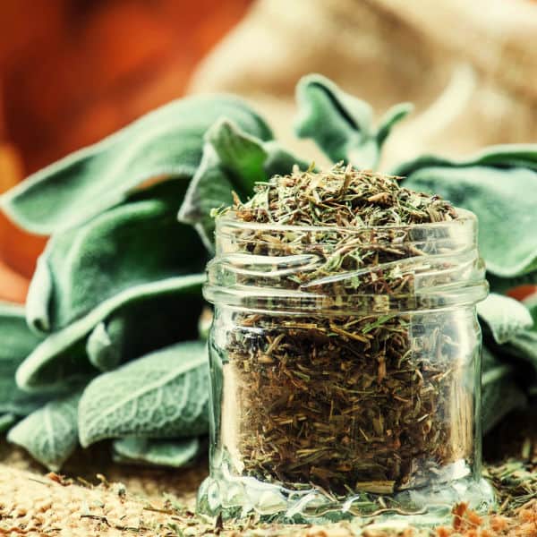 Fresh herbs and dried herbs in a jar.