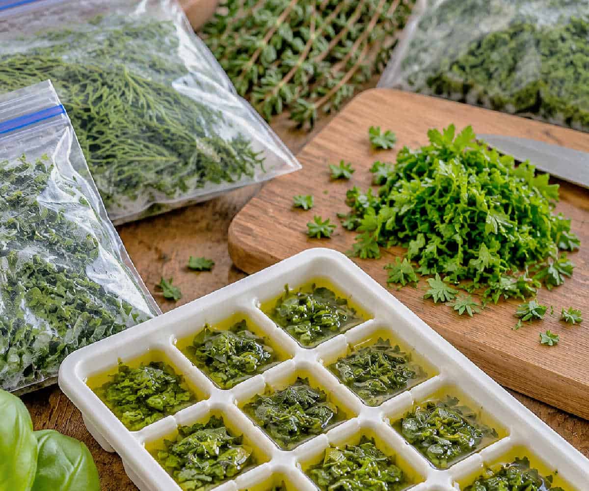 Chopped and whole herbs in bags and an ice cube tray on a wooden table.
